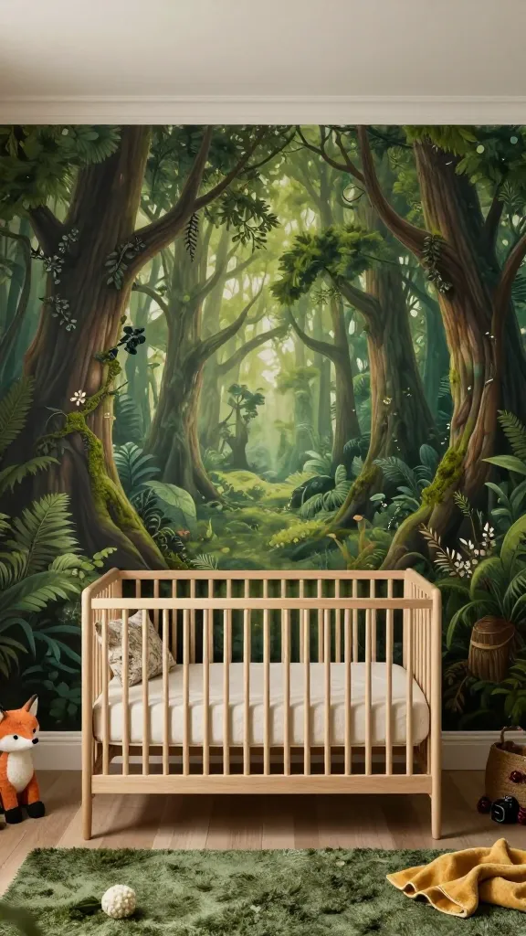 A high-angle, realistic, high-quality photograph of a serene and stimulating 'Enchanted Forest Haven' themed nursery. The main accent wall is adorned with a stunning, detailed mural of towering, whimsical trees in deep moss greens and earthy browns, creating an immersive fairytale woodland atmosphere. A sturdy, natural light-wood crib with soft ivory bedding is positioned centrally against this captivating mural. Gentle accents of friendly forest creatures, such as a plush fox toy or subtle patterns on textiles, are thoughtfully placed. The room's overall color palette features calming soft ivory walls, a plush moss green rug, and delicate pops of golden yellow in a throw blanket, along with a hint of berry red in a small decorative item. Soft, natural light fills the room, highlighting the organic textures and tranquil, magical ambiance. Shot with a professional DSLR camera, sharp focus, no text.