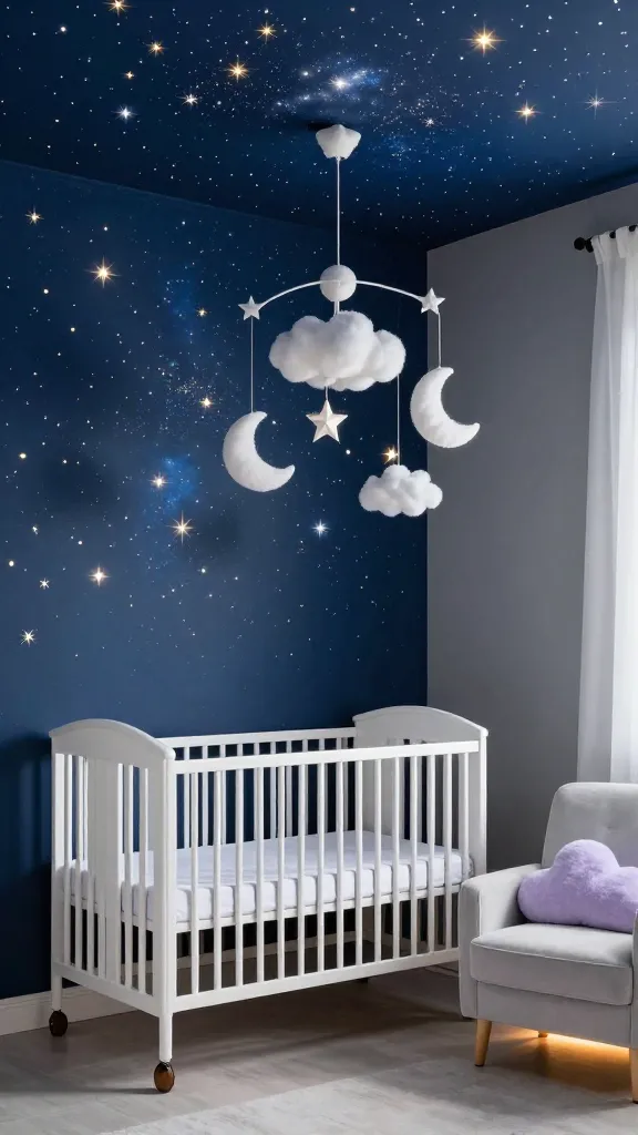 A high-quality, realistic photo of a magical celestial-themed nursery, bathed in soft, ethereal light. The focal point is a deep navy blue accent wall and ceiling, painted with intricate, shimmering silver and gold stars, creating a breathtaking night sky effect. Soft gray walls complement the cosmic backdrop, while crisp white furniture, including a minimalist crib, stands out. A delicate mobile featuring plush white clouds, crescent moons, and sparkling stars hangs gracefully above the crib. A pale lavender plush cloud pillow rests on a comfortable, light gray armchair in a corner, subtly illuminated by a hidden, warm glow. The overall atmosphere is serene, dreamy, and filled with quiet magic, evoking a cozy corner of the cosmos. No text.