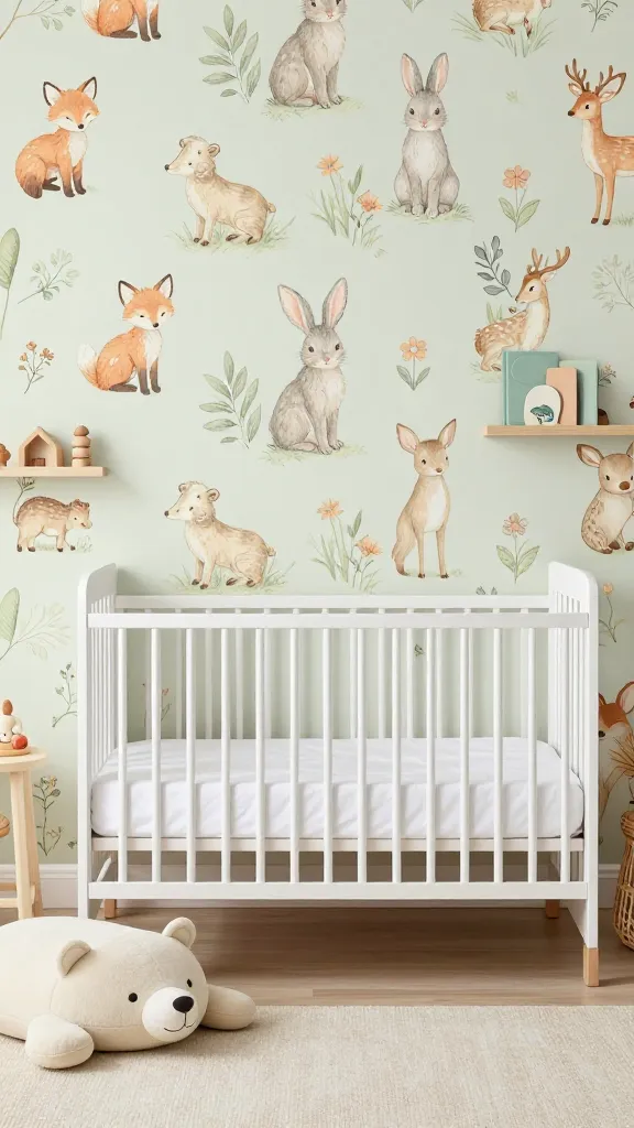 A high-quality, realistic photograph of a whimsical and airy nursery bathed in soft, natural light, creating an inviting atmosphere. The room's color palette features soft sage green, warm beige, and light gray, with subtle accents of gentle peach and mint. A simple, modern white crib stands as the focal point, dressed in crisp white linens. The wall behind the crib features charming wallpaper adorned with beautifully illustrated, cute woodland animals like foxes, bunnies, and deer, rendered in a light, artistic style. On the floor nearby, a large, soft, sleepy bear-shaped floor pillow adds a touch of comfort. To one side, minimalist wooden shelves display a few carefully curated items, such as small wooden toys and a couple of pastel-colored board books. The overall impression is bright, clean, and full of gentle charm, with no text present in the image.