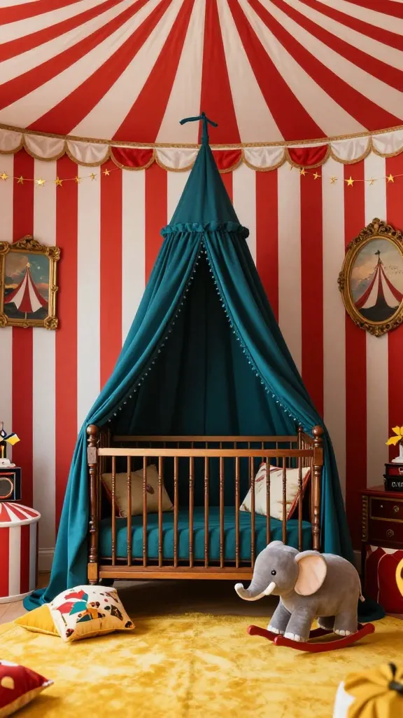A high-resolution, wide-angle photograph of a vibrant and playful vintage circus-themed nursery. A prominent wall features bold red and white striped wallpaper. Centered in the frame is an ornate, vintage-inspired crib with dark wood details, draped with rich deep teal bedding. Beside the crib, a plush grey elephant rocking toy adds a charming touch. Above the crib, a luxurious deep teal fabric circus tent canopy hangs, creating a focal point. Sunny yellow accents appear in a small round rug and decorative throw pillows. Subtle gold details are integrated through a delicate star garland and vintage-style picture frames (displaying abstract circus motifs, no legible text). The room is bathed in soft, warm natural light, emphasizing the rich, jewel-toned saturation of the classic red, white, gold, deep teal, and sunny yellow palette, conveying a nostalgic, bold, and utterly unique magical atmosphere. Realistic, professional photography, sharp focus.