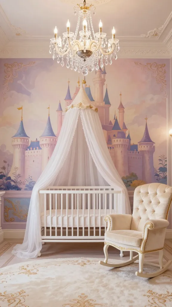 A realistic, high-quality professional photo of a luxurious fairytale castle kingdom themed magical nursery. The room is filled with soft, ambient light, showcasing a delicate color palette of soft pinks, elegant golds, creamy ivory, and subtle accents of regal lavender and powder blue. A majestic, hand-painted mural of a grand castle silhouette with delicate turrets covers the main feature wall. Centrally placed is an elegant white crib, draped with a flowing, sheer ivory canopy that shimmers softly. Adjacent to the crib, a plush, deeply tufted rocking chair in a creamy ivory velvet, featuring subtle gold trim, stands invitingly. A sparkling crystal chandelier hangs gracefully from the ceiling, casting a warm, magical glow. The floor is adorned with a soft, thick ivory rug, and subtle gold decorative elements are scattered throughout, enhancing the luxurious, dream-like atmosphere. The space feels regal, delicate, and utterly enchanting, evoking dreams of happily ever after. No text on images.