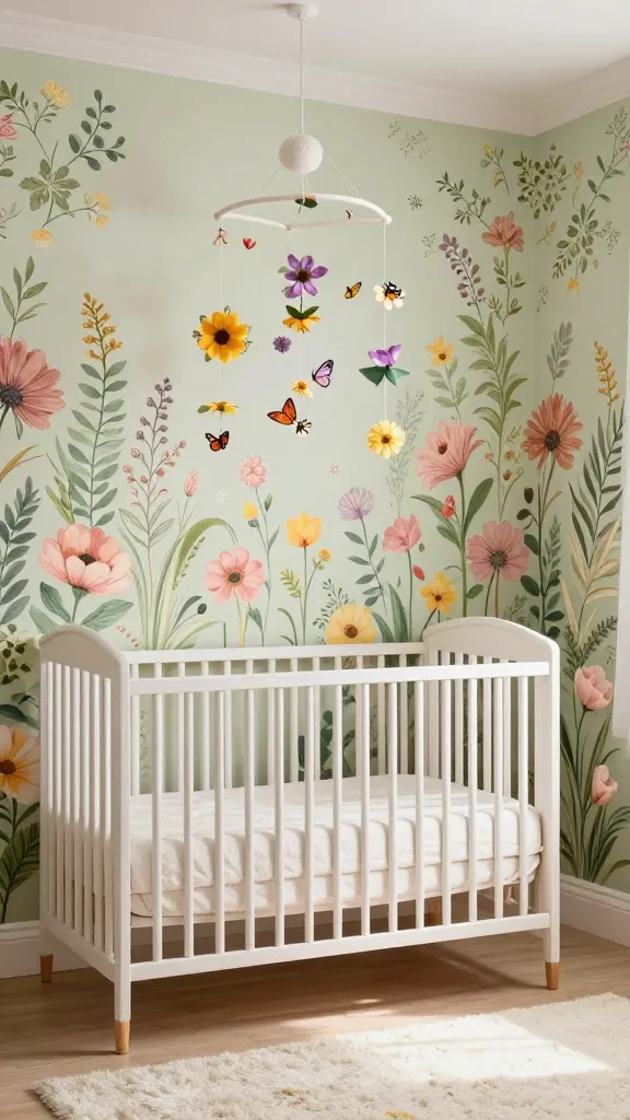 A beautifully decorated nursery room, styled as a secret garden oasis. The walls are adorned with lush floral wallpaper featuring large, whimsical blooms and delicate foliage in a palette of soft greens, blush pinks, sunny yellows, and delicate lavender. A simple, elegant white wooden crib, or light natural wood crib, is positioned centrally. Hanging above the crib is a delicate mobile with fabric flowers and little butterflies, gently swaying. The room is bathed in soft, natural light, creating a serene and tranquil atmosphere. Creamy white textiles, like a crib sheet and a plush rug, complement the natural wood tones of the crib and any other subtle wooden accents. The overall aesthetic is fresh, vibrant, and enchanting, evoking the feeling of a hidden blooming garden brought indoors. High-quality interior design photography, realistic, no text.
