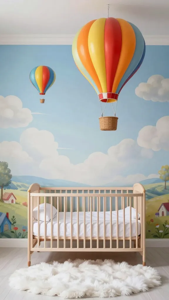 A bright, high-resolution, realistic photograph of a magical hot air balloon adventure-themed nursery. The room is light, airy, and filled with optimistic whimsy, designed for a baby. The dominant color palette features soft sky blues, fluffy whites, and cheerful yellows, accented with pops of bright red and orange. A prominent, large hot air balloon mobile, featuring several colorful balloons in red, orange, yellow, and blue, hangs gracefully above a beautifully styled crib. The crib is a sturdy, light-toned wooden design with a slightly rounded silhouette, dressed in crisp white bedding. The main wall features an enchanting mural depicting soft, wispy clouds against a serene blue sky, transitioning into a distant, whimsical landscape of rolling hills and tiny houses, viewed from above. On the floor, a large, round, fluffy white rug resembles a soft cloud. The overall impression is one of exploration, discovery, and upward-bound dreams, captured with professional interior photography lighting. No text.