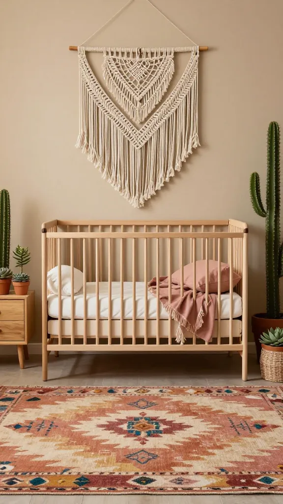 A high-quality, realistic photo of a sun-drenched Boho Desert Explorer themed nursery. The focal point is a natural wood crib with simple, clean lines, adorned with creamy off-white and dusty rose bedding. Above the crib, a large, intricate macrame tapestry with textured fringes hangs on a sandy beige wall. A prominent, patterned Southwestern-style rug in warm terracotta, sandy beige, and dusty rose, with subtle accents of deep teal and mustard yellow, covers the floor. Potted cacti and succulents are artfully arranged on a nearby light wood dresser or shelf, safely out of reach. The room is filled with soft, warm natural light, creating an inviting, earthy, and chic atmosphere that feels grounded yet adventurous. No text.