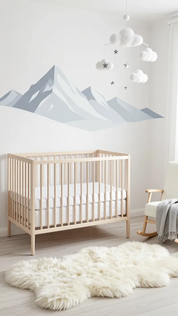 A high-angle, realistic photo of a serene and stylish Nordic Winter Wonderland baby nursery, bathed in soft, natural light. Crisp white walls are adorned with a subtle, minimalist wall decal depicting a snow-capped mountain range in cool grays and soft blues. A modern, clean-lined crib made of light natural wood stands prominently, dressed with pristine white bedding. Above the crib, a delicate mobile features soft felt snow clouds and tiny metallic silver stars. A plush, creamy white faux sheepskin rug covers a significant portion of the light wood floor, adding immense coziness. In a corner, a simple light wood rocking chair with a soft gray knitted throw blanket draped over it invites relaxation. The overall color palette is dominated by crisp whites, cool grays, soft blues, and natural wood tones, with subtle metallic silver accents. High resolution, professional interior photography, no text.
