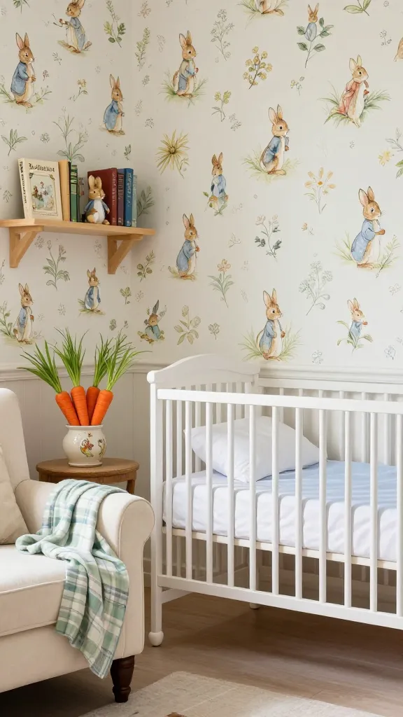 A high-quality, realistic photograph capturing a serene and whimsical Peter Rabbit-themed nursery, softly illuminated by natural light. The room features delicate wallpaper across the walls, adorned with classic Peter Rabbit illustrations in a palette of soft blues, gentle greens, and creamy whites. A traditional white wooden crib, dressed with crisp white and soft blue bedding, stands as a focal point. Adjacent, a cozy cream-colored armchair is draped with a subtle green and blue plaid throw, inviting comfort. Wall-mounted wooden shelves display a charming collection of classic Beatrix Potter books and a small, plush Peter Rabbit toy. On a nearby small wooden side table, a decorative ceramic pot holds a bunch of cheerful orange faux carrots, adding a vibrant pop of color and a playful nod to Mr. McGregor's garden. The overall ambiance is sweet, nostalgic, and utterly charming, evoking a beloved storybook world.