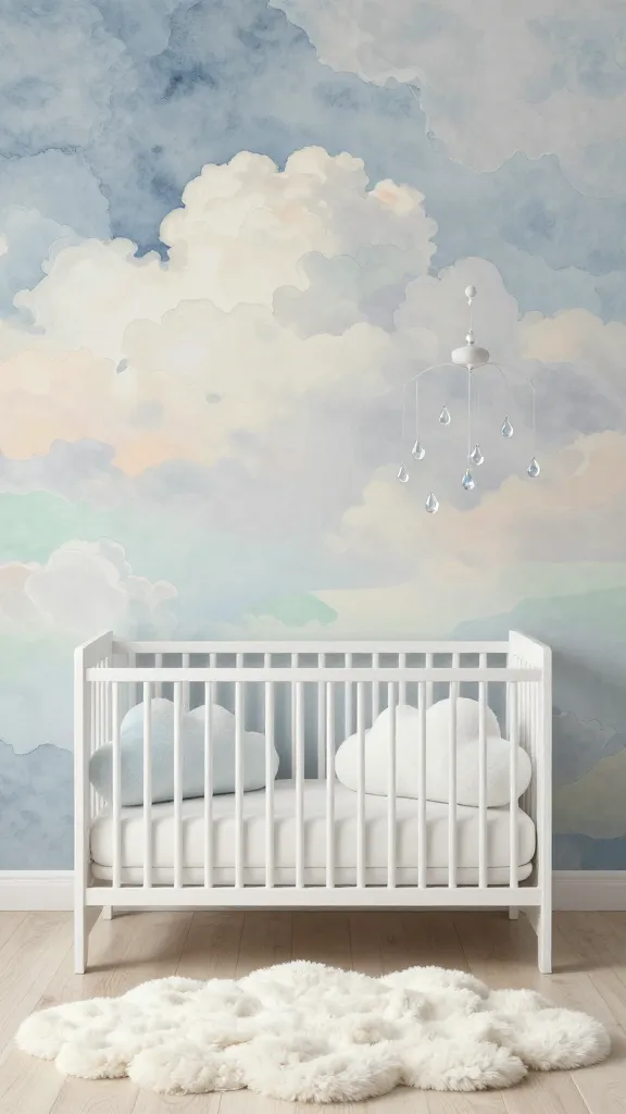 A high-resolution, realistic photograph of a serene and dreamy nursery. The focal point is a simple, modern white wooden crib, perfectly centered against a breathtaking wall mural. This mural depicts a soft, ethereal watercolor cloudscape, featuring gentle gradients of sky blue, soft gray, and fluffy white, with subtle, delicate hints of pale peach and mint green in the distant horizon, creating an incredibly soothing atmosphere. Inside the crib, several plush, irregularly shaped cloud-themed pillows in varying shades of soft white and light blue are arranged. Above the crib, a delicate mobile with small, clear, iridescent raindrop shapes hangs gracefully, catching the soft, diffused natural light that fills the room. On the light wooden floor in front of the crib, a thick, plush cloud-shaped rug in creamy white adds to the soft textures. The overall impression is one of peaceful weightlessness, like sleeping among the clouds, with a dominant color palette of soft blues, grays, and whites.