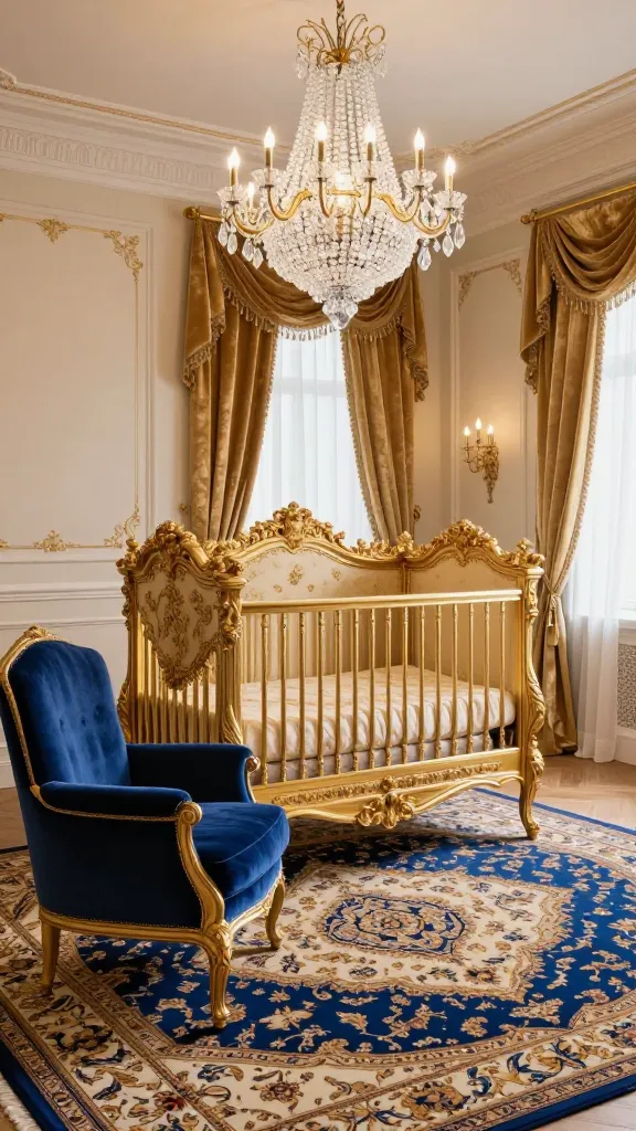 A high-quality, realistic photograph of an opulent 'Little Prince Royal Court' nursery. The room features a grand, ornate crib with intricate gold carvings and a metallic gold finish, dressed in luxurious creamy ivory bedding. A statement deep royal blue velvet armchair sits elegantly in the foreground. The floor is covered by a large, plush Persian-style rug with intricate patterns in rich golds, deep royal blues, and creamy ivory. A delicate, multi-tiered crystal chandelier hangs prominently from the ceiling, casting a soft, luxurious glow. The walls are painted a creamy ivory, with subtle gold accents and elegant wainscoting. Luxurious gold velvet drapes frame a window in the background. The overall atmosphere is refined, sophisticated, and undeniably luxurious. No text.