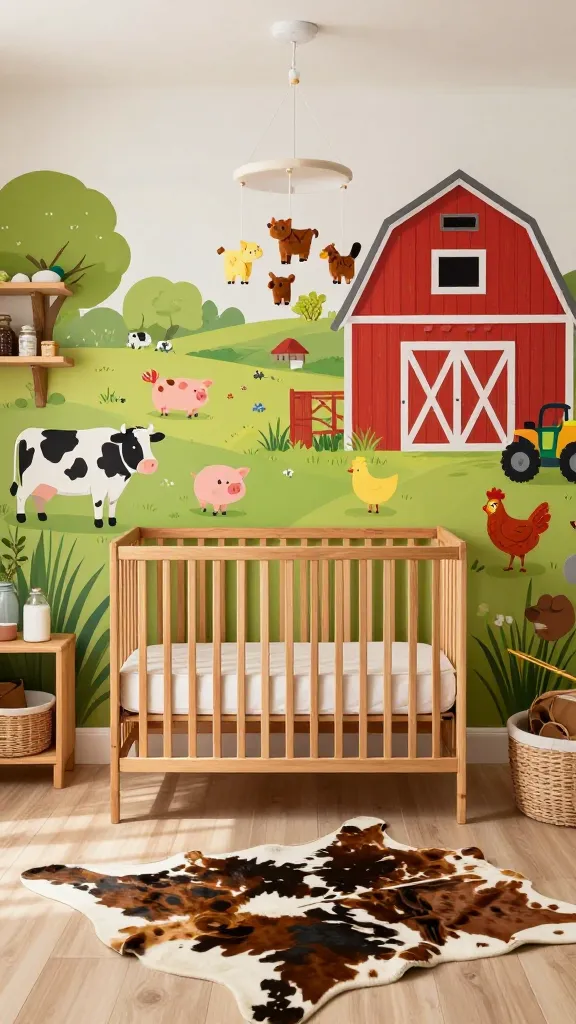 A high-quality, realistic photograph of a cheerful and vibrant storybook farm-themed nursery. The room is bathed in warm, natural light, highlighting a color palette of barn red, grassy greens, sunny yellows, earthy browns, and classic black and white. A prominent wall features a charming mural or decals depicting cute, stylized farm animals like cows, pigs, and chickens in a lush green pasture with a rustic red barn. Centrally placed is a sturdy wooden crib with a rustic finish, above which hangs a mobile adorned with adorable felt farm animals and a little tractor. A soft, authentic cowhide rug lies on the floor, adding a rustic texture. Simple wooden shelves display wholesome, farm-inspired decor. No text.