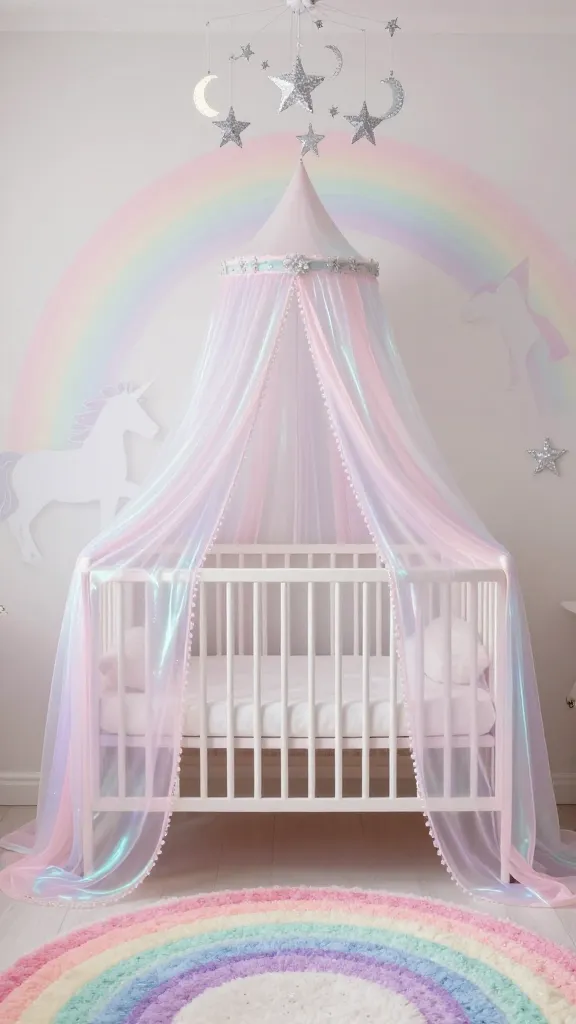 A high-quality, realistic photo of a magical nursery room, bathed in soft, ethereal light. The focal point is a pristine white crib, elegantly adorned with a sheer, shimmery iridescent fabric canopy in soft pinks, purples, and blues, creating a dreamy, ethereal glow. Above the crib, a delicate mobile hangs, featuring an array of sparkling silver stars and iridescent moons. The wall behind the crib showcases a large, majestic unicorn wall decal, its silhouette subtly shimmering, with a soft, pastel rainbow gradient mural gently fading behind it. On the floor, a plush, multi-colored rainbow rug in vibrant yet soft hues of pink, purple, mint green, and sky blue adds a whimsical touch. Scattered throughout the room are subtle glitter accents and silver decorative elements, catching the light and enhancing the enchanting, pure fantasy atmosphere. The overall impression is one of whimsical charm, sparkle, and magic, feeling straight out of a storybook. No text.
