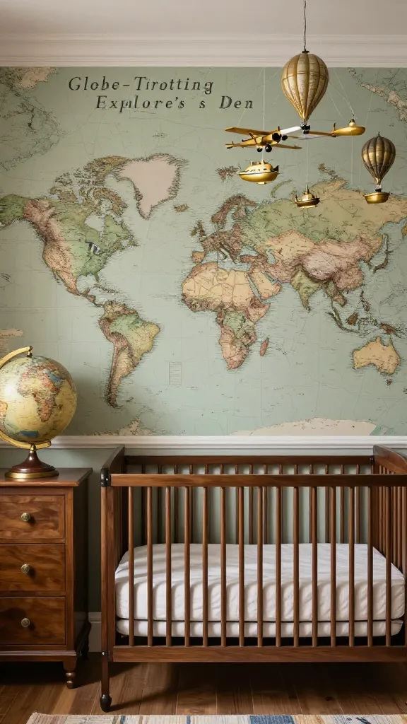 A high-resolution, photorealistic interior photograph captures a sophisticated and cozy "Globe-Trotting Explorer's Den" nursery, bathed in soft, natural daylight. The focal point is an accent wall adorned with a large, detailed world map wallpaper, rendered in a rich palette of earthy greens, deep blues, and warm beiges, evoking a vintage aesthetic. A classic wooden crib with a deep, rich brown finish stands prominently against this map wall, dressed with crisp, neutral-toned bedding. Above the crib, a charming mobile gently sways, featuring tiny antique gold airplanes, boats, and hot air balloons. On a sturdy, high shelf or a substantial dresser, positioned safely out of a child's reach, a vintage-inspired globe with a warm brown base and antique gold accents serves as a key decorative element. Subtle pops of antique gold and rich brown are integrated throughout the room's decor, enhancing its worldly, grounded, and utterly charming atmosphere. No text on images.