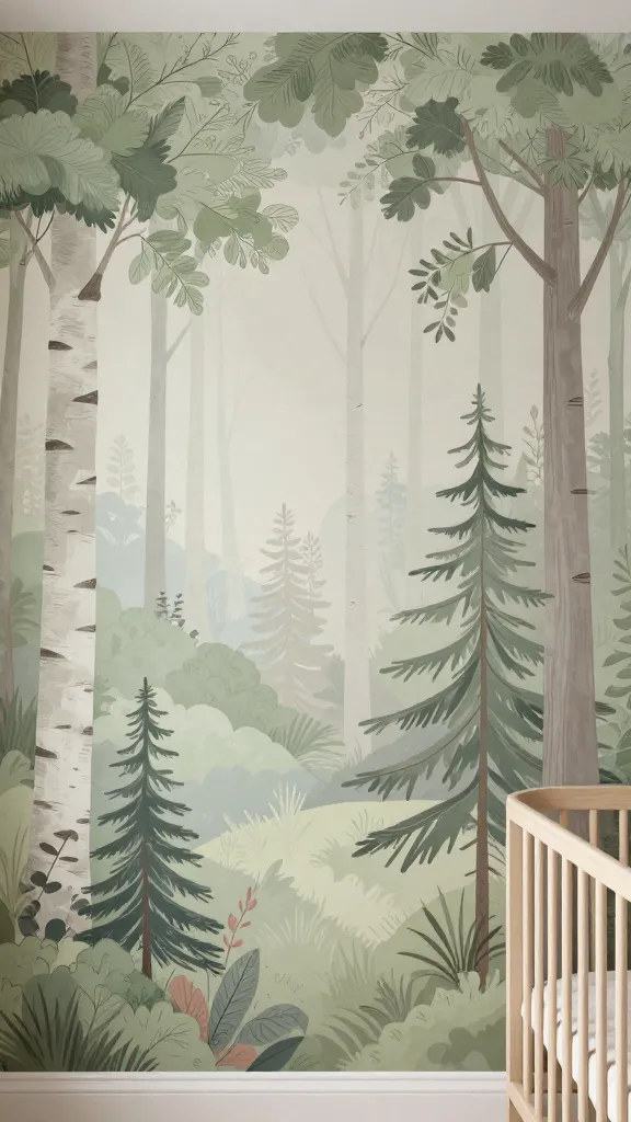 A high-resolution, realistic photograph of a serene nursery accent wall, showcasing a hand-painted mural of a whimsical woodland wonderland. The mural features gentle, stylized forest trees, including tall, slender birch trunks and abstract pines, gracefully stretching from floor to ceiling. The artistic design creates a calming, immersive environment using a muted color palette of sage green, soft gray, and cream, with subtle hints of dusty rose and sky blue integrated within the foliage and distant elements. Soft, diffused natural light illuminates the room, highlighting the intricate details of the mural. A corner of a minimalist, light-toned wooden crib is visible in the soft foreground, suggesting the room's purpose.