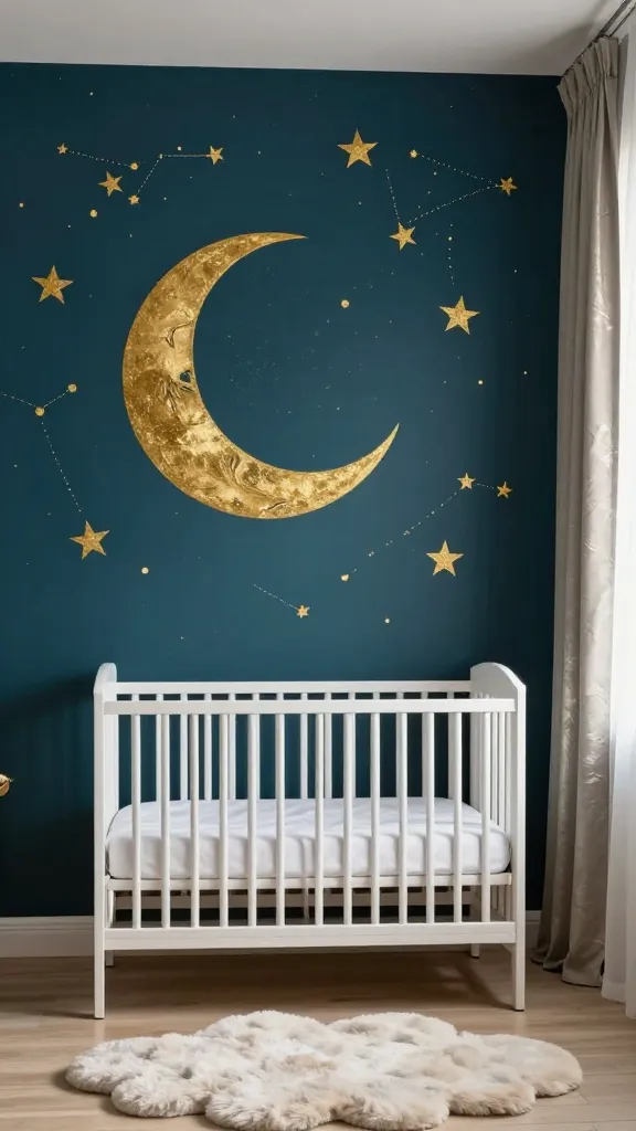 A high-quality, realistic photograph capturing a serene nursery room with a captivating accent wall. The main focus is a deep, rich midnight teal accent wall, meticulously adorned with a whimsical constellation of shimmering golden stars and a prominent, elegant golden crescent moon, all appearing hand-painted with subtle texture and dimension. In front of this celestial backdrop, a modern white crib is neatly made with crisp, pristine white bedding, inviting comfort. On the light-toned wooden floor, a soft, fluffy cloud-shaped rug in a pale ivory or light grey adds a whimsical and cozy touch. To the side, floor-length curtains with a subtle metallic sheen in a muted silver or champagne color gently frame a window, catching the soft, diffused ambient light that fills the room. The overall atmosphere is magical and dreamlike, creating a sophisticated yet playful celestial retreat. No text.