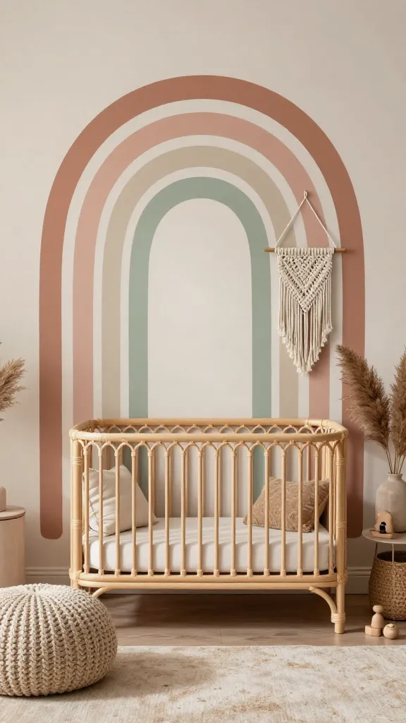 A high-quality, realistic photo of a cozy boho nursery. The accent wall features a large, arched rainbow mural in muted, desaturated earthy tones including terracotta, dusty rose, sage green, and cream. A stylish rattan crib is positioned centrally against the accent wall. To one side of the crib, a chunky knit pouf rests on a light-colored rug. Above the crib, a delicate macrame wall hanging adds texture. On a nearby surface, a ceramic vase holds dried pampas grass, and a few simple wooden toys are arranged. Soft, natural light fills the room, creating a warm and inviting atmosphere. No text.