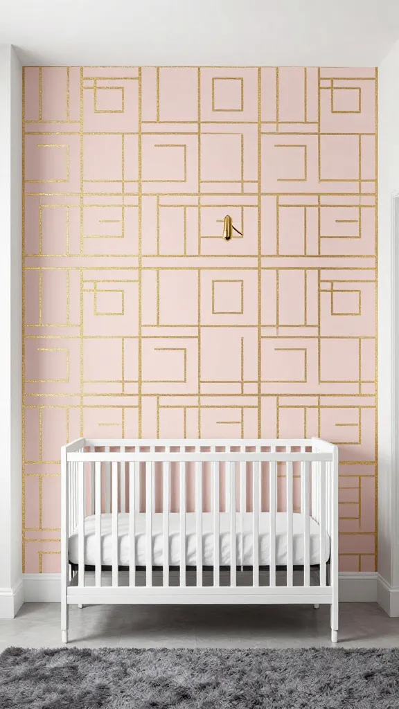 A brightly lit, professional photograph of a sophisticated, modern minimalist nursery. The main feature is a stunning accent wall showcasing a soft blush pink base with an elegant, perfectly aligned geometric grid pattern rendered in shimmering gold. The room's color palette incorporates crisp whites, deep grays, and additional subtle metallic accents through decor. A sleek, modern white crib with simple white bedding is positioned centrally against the geometric accent wall. A plush deep gray rug grounds the space, and a small, tasteful gold-toned decorative item or a minimalist mobile hangs above the crib. The overall ambiance is serene, luxurious, and subtly glamorous, emphasizing clean lines and a touch of sparkle. No text on image.