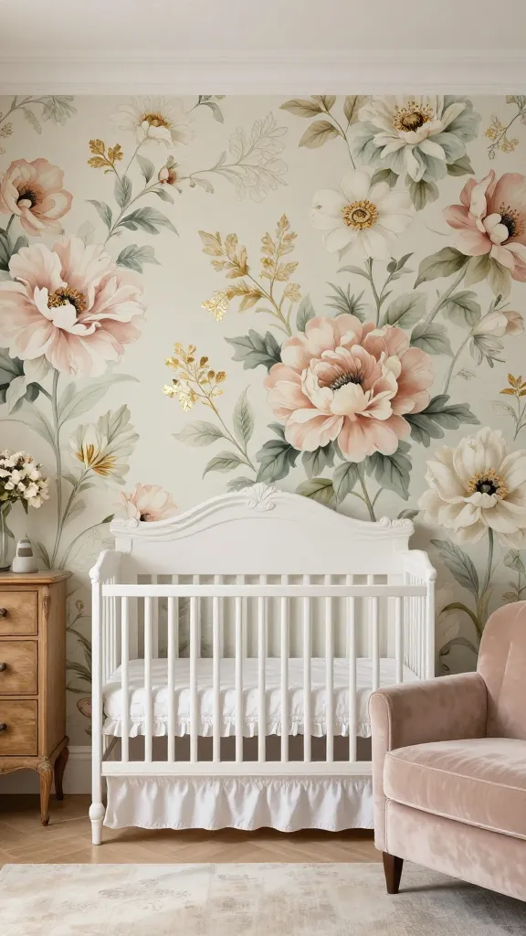 A high-resolution, realistic photograph capturing a luxurious baby nursery with a focus on an enchanting accent wall. The wall is adorned with stunning large-scale vintage floral wallpaper, featuring big, painterly blooms in soft, romantic hues of cream, blush pink, pale sage green, and subtle antique gold. A classic white crib with ornate detailing is positioned centrally against this wall, dressed with elegant ruffled bedding. To one side, a vintage-inspired wooden dresser stands gracefully. In a cozy corner, a plush velvet glider in a soft blush tone invites comfort. Soft, diffused natural light fills the room, enhancing the elegant, feminine, and utterly captivating atmosphere. The image should have a shallow depth of field, emphasizing the accent wall and crib. No text.