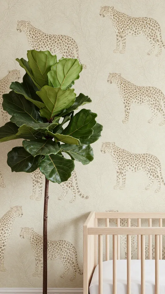 A high-resolution, professional photograph capturing a sophisticated nursery accent wall. The wall is adorned with elegant wallpaper featuring a subtle, muted cheetah print in warm, earthy neutral tones like soft beige, cream, and taupe. A tall, lush faux fiddle-leaf fig tree stands gracefully beside the accent wall, adding a touch of vibrant greenery and natural texture. Soft, diffused natural light illuminates the room, creating a serene and inviting atmosphere. A modern, minimalist light wood crib with crisp white bedding is partially visible in the foreground, subtly establishing the nursery setting. The focus is sharp on the accent wall, emphasizing its refined safari theme. Interior design magazine quality, ultra-realistic, detailed textures, no text.
