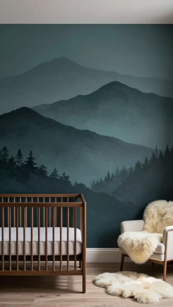 A high-resolution, realistic photograph of a serene and grand nursery. The focal point is a hand-painted accent wall featuring a dramatic, layered mountain range mural in deep teal and charcoal gray, executed with a subtle ombre effect that adds immense depth and a moody, tranquil atmosphere. In the foreground, a sleek, modern crib crafted from dark walnut wood stands against the mural. To one side, a cozy reading nook is invitingly arranged, featuring a plush, off-white sheepskin rug draped over a minimalist armchair, bathed in soft, warm ambient light. The room is tidy and minimalist, allowing the striking accent wall to dominate. Natural light gently filters into the space, highlighting the textures. Shot with a wide-angle prime lens, shallow depth of field, and a slightly muted color palette. No text.