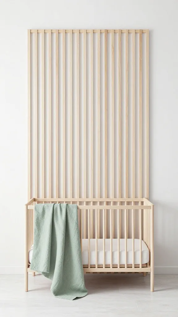 A high-resolution, realistic photograph of a serene Scandinavian-style nursery. The focal point is a prominent accent wall featuring vertical light wood slats, such as birch or maple, set against a pristine white wall. A minimalist crib made of natural light wood is positioned directly in front of this architectural slat wall. The room's color palette is predominantly clean white and pale gray, complemented by the natural wood tones. A soft, muted sage green linen blanket is draped artfully over the crib, providing a subtle pop of color. The space is bathed in abundant, soft natural daylight, enhancing the clean lines, natural textures, and overall minimalist chic aesthetic. No text.
