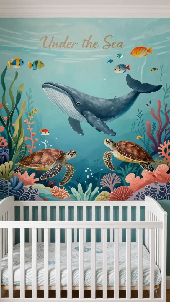 A high-quality, realistic photograph capturing a stunning nursery accent wall with a custom hand-painted "Under the Sea" mural. The mural depicts a serene underwater world, featuring friendly ocean creatures like a large, gentle whale, graceful sea turtles, and schools of colorful fish, swimming amidst swaying kelp forests and delicate coral formations. The color palette of the mural is a harmonious blend of soothing aqua, deep teal, soft coral, and sandy beige tones. The accent wall serves as the main focal point behind a modern white crib, which is neatly made with soft bedding featuring subtle wave patterns in muted blues and greens. Natural light streams into the room, illuminating the intricate details of the mural and creating a serene, enchanting atmosphere. No text on image.