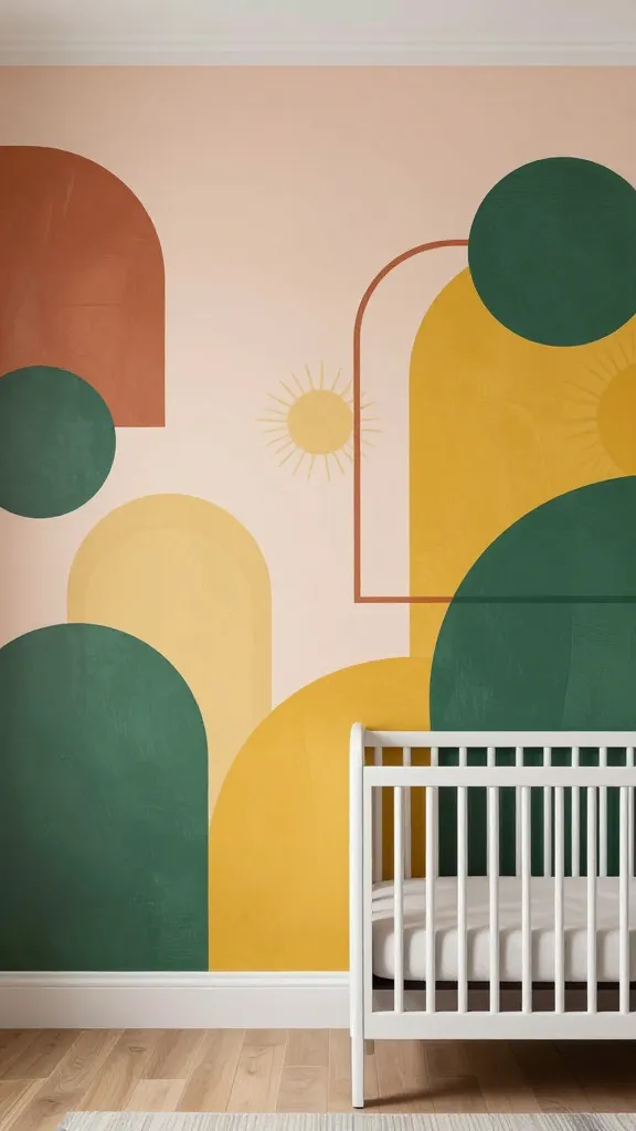 A realistic, high-quality photo of a stylish modern nursery room. The main feature is a prominent accent wall adorned with a hand-painted abstract Art Deco mural. The mural design incorporates a sophisticated array of geometric shapes, including elegant arches, perfect circles, clean lines, and subtle sunburst motifs. The color palette is vibrant yet refined, featuring warm blush, rich terracotta, bright mustard yellow, and deep emerald green. A sleek, modern crib with clean, minimalist lines is positioned against this captivating artistic backdrop. The room is brightly lit with natural light, showcasing a playful yet mature aesthetic. Professional interior design photography, high resolution, no text.