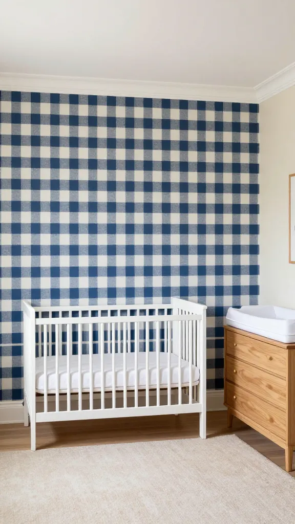 A wide, eye-level professional photograph of a beautifully designed, cozy baby nursery. The prominent accent wall features a large-scale, soft navy blue and crisp white gingham pattern wallpaper, creating a classic, comforting, and nostalgic statement. Centered against this charming wall is a traditional white wooden crib with simple, pristine white bedding. To the right, a natural light wood dresser with a white changing pad complements the room's warm tones. The remaining walls are painted in a soft, complementary cream, and natural wood elements are subtly integrated throughout the space, alongside crisp white details. Abundant soft, diffused natural light fills the room, enhancing the serene and inviting atmosphere. The overall aesthetic is high-end, realistic, and exudes a timeless, comforting charm. No text.