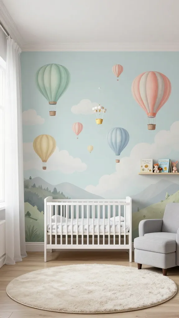 A high-quality, realistic photograph of a serene and enchanting baby nursery. The focal point is a stunning accent wall featuring a hand-painted mural of whimsical hot air balloons in various sizes, rendered in soft pastel shades of mint green, baby blue, coral pink, and pale yellow. These balloons drift gently across a serene, pale sky-blue background, interspersed with fluffy white clouds, with a subtle, distant mountain range in muted grays and greens along the lower portion of the wall. A modern white wooden crib with cloud-patterned bedding (white with subtle grey cloud motifs) is positioned against this accent wall. To the side, a comfortable light grey upholstered glider with a matching ottoman. Light and airy sheer white curtains adorn a nearby window, allowing soft, diffused natural daylight to fill the room. A plush, circular cream-colored rug covers the center of the light wooden floor. A hot air balloon themed mobile hangs delicately above the crib, and a few curated children's books and soft toys in coordinating pastel colors are neatly arranged on a small wall shelf. The overall atmosphere is dreamy, inviting, and full of gentle movement, captured with a wide-angle lens from a slightly elevated perspective, showcasing an interior design magazine aesthetic. No text.