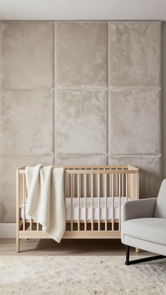 A high-quality, realistic photo of a sophisticated and serene modern nursery. The focal point is an accent wall behind a minimalist light wood crib, covered in large, rectangular, plush velvet fabric panels in a soft, light beige, creating incredible depth and sensory interest. The room features a monochromatic color palette of varying warm grays, creams, and whites. A chunky knit off-white throw blanket drapes over the crib, which is dressed in crisp white linen. A modern glider chair in light gray fabric sits on a textured cream wool rug. Soft natural light highlights the tactile surfaces and luxurious textures throughout the space. Professional interior photography, no text.