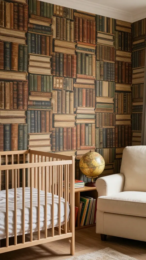 A high-quality, realistic photograph of a cozy and intellectual nursery, featuring a prominent accent wall covered in detailed wallpaper that mimics a wall of antique, beautifully bound leather and cloth books in warm, muted tones. In the foreground, a classic, light natural wood crib is neatly made with soft, neutral-colored bedding. To the side, a comfortable, cream-upholstered glider armchair is positioned next to a small, low wooden bookshelf filled with colorful children's books and a vintage brass globe. Soft, warm natural light streams into the room, highlighting the textures and creating a serene, inviting ambiance. No text.