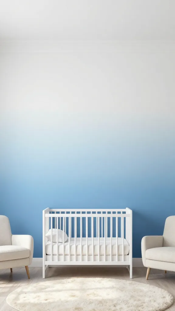 A highly detailed, professional interior design photograph of a serene and dreamy nursery room. The focal point is the accent wall, which features a stunning, seamless painted ombre gradient. This gradient transitions from a deep, calming sky blue at the bottom of the wall, subtly and smoothly blending upwards into a pure, soft white at the top, mimicking a gentle horizon or a clear sky transitioning to clouds. An elegant, modern white wooden crib is positioned centrally against this ombre wall, adorned with soft white and cream bedding. The rest of the room is decorated with minimalist, light-colored furniture and decor elements, including a light cream upholstered glider chair and a round, plush cream rug, all complementing the ethereal blue and white palette. Soft, diffused natural light streams into the room, enhancing the gentle gradient and creating a peaceful, airy atmosphere. The image is a high-resolution, realistic photo, captured with a wide-angle lens to showcase the room's depth and the accent wall's beauty.
