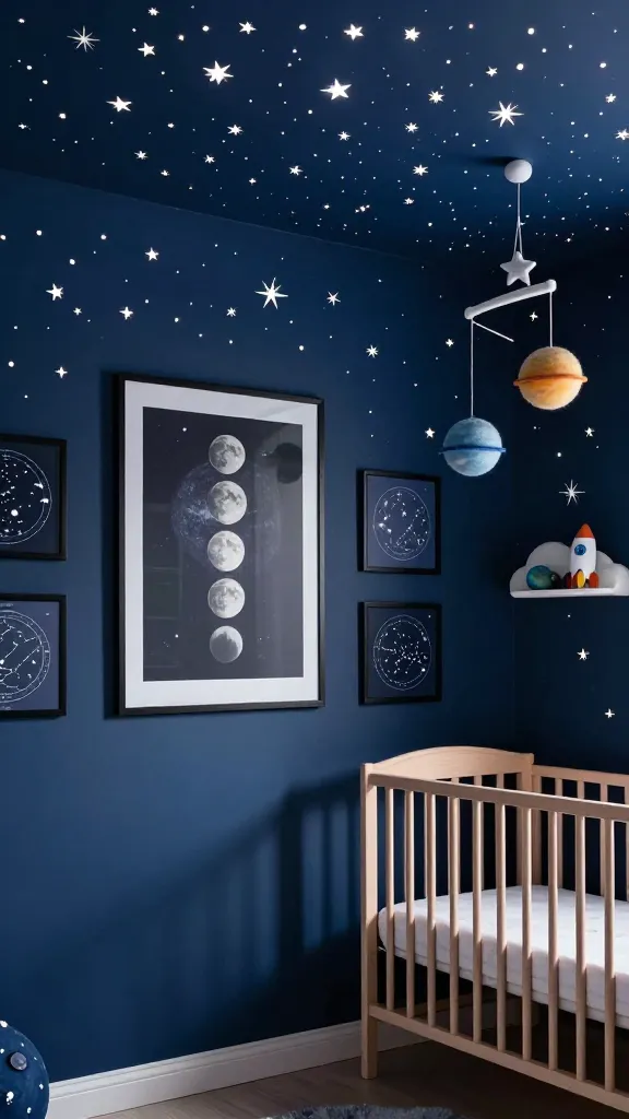 A realistic, high-quality photograph of a serene and magical nursery room, designed as a "Celestial Constellation Haven." The deep navy blue walls and ceiling are lavishly adorned with a multitude of reflective and glow-in-the-dark star decals, creating an immersive night sky effect. On the main feature wall, a prominent large, framed print of the moon phases is displayed, flanked by several smaller framed constellation maps presented as educational art. A whimsical, cloud-shaped shelf is mounted on an adjacent wall, holding tiny, celestial-themed treasures like a miniature rocket or a small felt planet. Above a light-toned wooden crib, a mobile featuring felt planets gently sways, enhancing the cosmic theme. The room is bathed in soft, ambient lighting, creating a calming and inspiring atmosphere. No text on image.