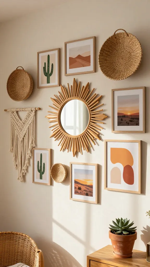 A high-angle, realistic, high-quality photograph of a meticulously styled boho chic nursery wall, bathed in warm, sun-drenched natural light. The focal point is a large, prominent geometric sunburst mirror with a natural wood or rattan frame. Surrounding it, an artfully arranged gallery wall features a collection of framed prints: one depicting a vibrant saguaro cactus, another a serene desert landscape at dusk, and several abstract shapes in warm hues of terracotta, muted orange, and sandy beige. Interspersed among the prints are several woven baskets of various sizes and patterns, organically mounted to the wall. A chunky, cream-colored macrame wall hanging with intricate fringe drapes elegantly beside the gallery. Below the wall decor, a small, light-toned wooden shelf or dresser is partially visible, holding a rustic terracotta pot with a realistic faux succulent. The overall aesthetic is earthy, inviting, and rich in natural textures, embodying a laid-back desert oasis vibe. No text.