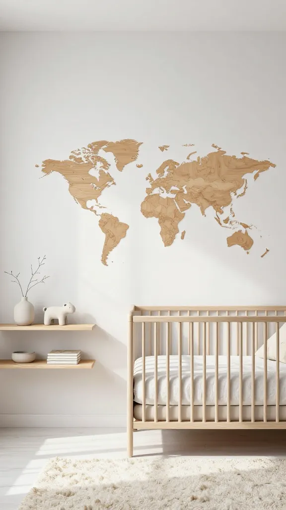 A serene, sunlit modern minimalist Scandinavian nursery. The focal point is a large, striking wooden world map decal prominently displayed on a clean, off-white wall above a light natural wood crib. To the left, a set of simple, thin floating shelves made of light wood hold a few carefully curated, neutral-toned items: a small ceramic vase with a single dried branch, a soft wool animal toy, and a stack of minimalist children's books. The crib features clean lines and is dressed with white linen bedding. A soft, textured cream-colored wool rug lies beneath the crib. The room is uncluttered, with natural light streaming in from a large window, creating a calm and peaceful atmosphere. The color palette is dominated by whites, light grays, natural wood tones, and subtle earthy accents. High-resolution, professional interior photography, natural lighting, sharp focus, realistic, no text.