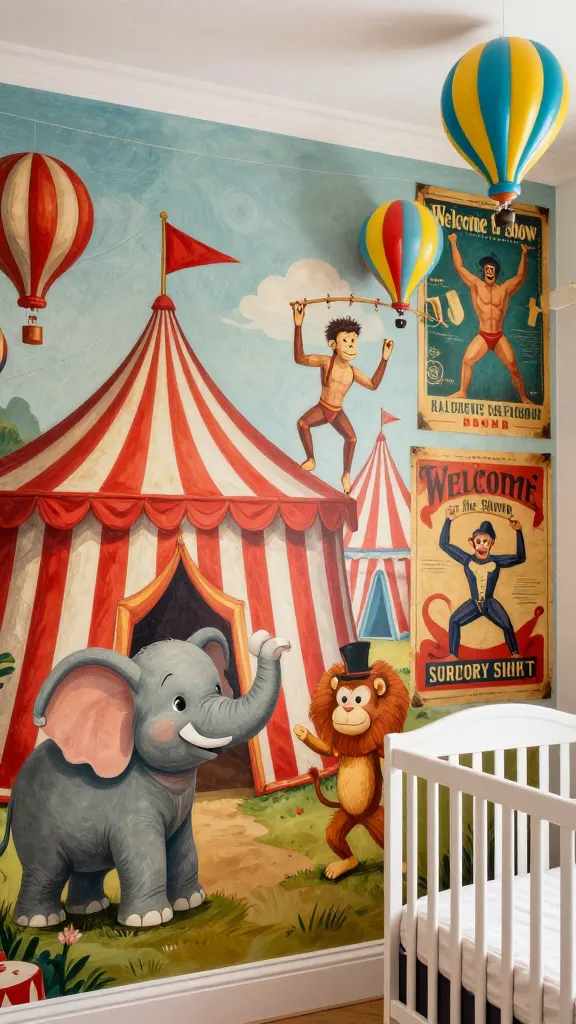 A realistic, high-definition photo of a vibrant vintage circus-themed nursery, showcasing a prominent wall adorned with a whimsical mural featuring a grand red and white striped circus tent, surrounded by playful, smiling animals like a balancing elephant, a juggling monkey, and a lion in a ringmaster's hat, all rendered in a classic, hand-painted style. Adjacent to the mural, oversized, aged-look vintage circus posters with bold graphics of strongmen and trapeze artists are strategically placed, predominantly in rich red, gold, and teal hues. A decorative "Welcome to the Show" banner in a classic font hangs above a partially visible crib, complementing the wall art. A few decorative hot air balloons in matching bold colors are suspended at varying heights, adding depth and whimsy. The room is brightly lit with natural light, highlighting the textures and vibrant colors of the wall decor, creating a playful, nostalgic, and celebratory atmosphere.