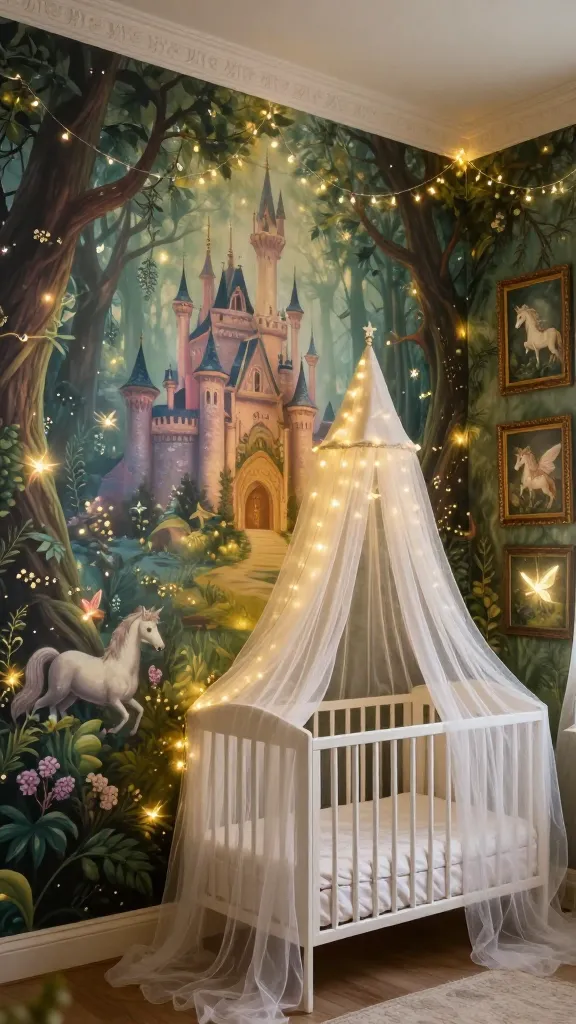 A wide, realistic, high-quality photograph of a magical enchanted forest fairy tale nursery. The dominant feature is a breathtaking, detailed wall mural covering a large section of the wall, depicting a whimsical fairy-tale castle nestled among glowing, ethereal trees and shimmering foliage, creating a dreamy, storybook atmosphere. Delicate string lights, resembling fireflies, are artfully draped across the mural and above a white crib positioned against it. A shimmering, translucent tulle canopy cascades elegantly over the crib. Nearby, a few exquisitely framed prints featuring majestic unicorns and graceful woodland sprites adorn the wall, complementing the mural. The room is bathed in soft, warm, magical light, highlighting subtle sparkling details and evoking an utterly captivating, ethereal wonder. Professional interior photography, no text.