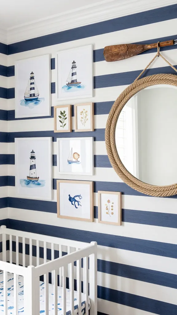 A high-quality, realistic, bright, and airy photograph of a beautifully styled nursery wall, exuding a serene nautical coastal calm. The wall is covered in elegant navy and white horizontal striped wallpaper. Dominating the space is a meticulously arranged gallery wall, featuring an eclectic mix of framed art: crisp prints of iconic lighthouses, classic sailboats, and charming, whimsical sea creatures in soft watercolors. These are interspersed with delicate framed pressed botanicals and intricate seashell art. A rustic decorative wooden oar is mounted horizontally above a crib, while a large, circular mirror framed with thick, natural jute rope hangs prominently on an adjacent section of the striped wall, reflecting soft natural light. The room's palette is fresh, with soft whites, sandy beiges, and muted blues, creating a breezy, inviting atmosphere. No visible text.