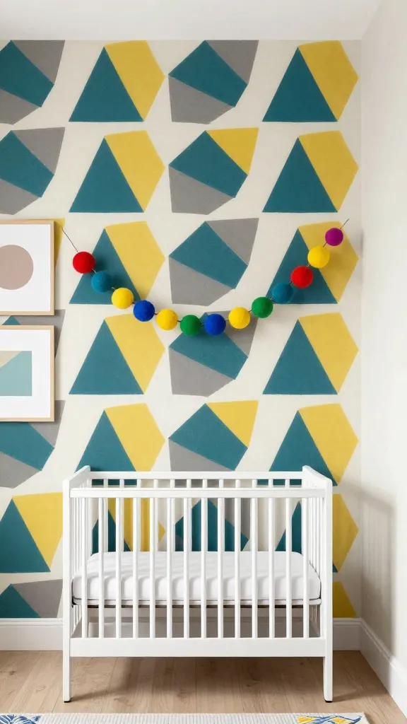A high-quality, realistic professional interior design photograph showcasing a modern nursery accent wall. The wall is covered in a bold geometric pattern wallpaper featuring large, interlocking triangles and hexagons in contrasting shades of deep teal, mustard yellow, and charcoal grey, set against an off-white base. Centered against this vibrant wall is a sleek, minimalist white wooden crib. Above the crib, a colorful felt ball garland is artfully draped, featuring an array of primary red, royal blue, sunny yellow, and emerald green felt balls. To the left of the crib, two simple, framed prints with abstract circular and square shapes in complementary muted pastel tones are hung vertically. The room is bathed in bright, natural light, highlighting the playful yet sophisticated aesthetic. The adjacent walls are a soft, neutral off-white. No text.