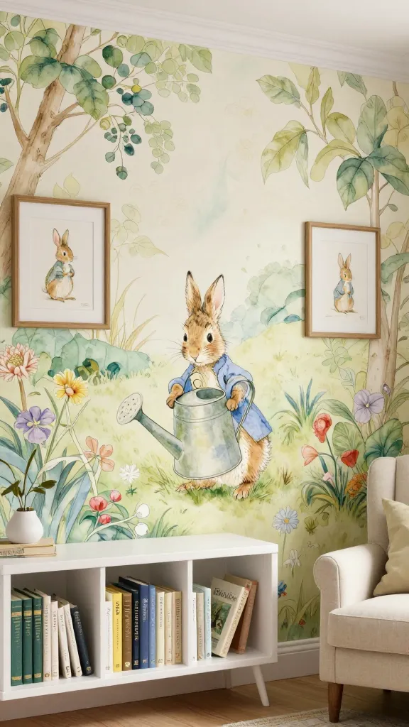 A realistic, high-quality photograph of a charming nursery wall dedicated to a "Storybook Character Corner" featuring Peter Rabbit. The main subject is a beautifully adorned wall with a soft, hand-painted watercolor mural depicting a key scene from Beatrix Potter's "The Tale of Peter Rabbit," perhaps Peter peeking out from under a watering can in Mr. McGregor's garden, rendered in muted greens, blues, and creams. Flanking the mural are two elegantly framed, classic Peter Rabbit illustrations. Below, a pristine white floating bookshelf displays a curated collection of classic Beatrix Potter books, their spines visible and inviting. A soft, natural light bathes the corner, creating a warm, inviting atmosphere. A cozy, light-toned armchair is subtly visible to the side, suggesting a reading nook, but the detailed wall decor remains the absolute focal point. No text on images.