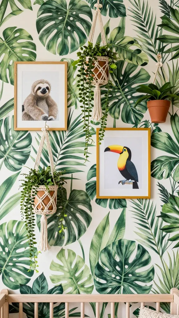 A high-quality, realistic photograph showcasing a vibrant "Urban Jungle Adventure" themed nursery wall. The focal point is a striking botanical wallpaper featuring large, lush green leaves like monstera, palm, and philodendron, creating an immersive backdrop. Artfully arranged on the wall are macrame plant hangers, each holding realistic faux trailing plants such as pothos or string of pearls, cascading gracefully. Integrated into the display are two framed art prints: one depicting a curious baby sloth and another a playful toucan, adding charming animal elements. The color palette is rich with various shades of green, complemented by warm earthy browns from the macrame and terracotta tones from small decorative pots, with subtle pops of mustard yellow in a framed print border. Soft, diffused natural light illuminates the scene, highlighting the textures and vibrant life of the decor. A glimpse of a light wooden crib rail or a natural fiber rug can be seen at the bottom edge, grounding the wall decor within a cozy nursery setting. No text.