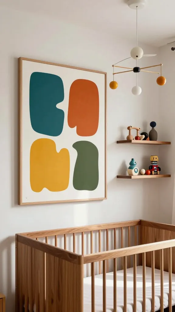 A high-angle, realistic photo of a sophisticated mid-century modern nursery. The focal point is a prominent wall featuring a large, striking abstract art print with bold, organic shapes in a retro palette of teal, burnt orange, mustard yellow, and olive green. Above a minimalist, warm walnut crib, a stylish sputnik-inspired mobile gently hangs. Two sleek walnut floating shelves are mounted on the wall to the side, displaying carefully curated vintage-inspired wooden toys and a small, colorful ceramic decorative piece. Soft, natural daylight streams into the room, highlighting the clean lines and warm wood tones. The overall atmosphere is chic, timeless, and playfully inviting.