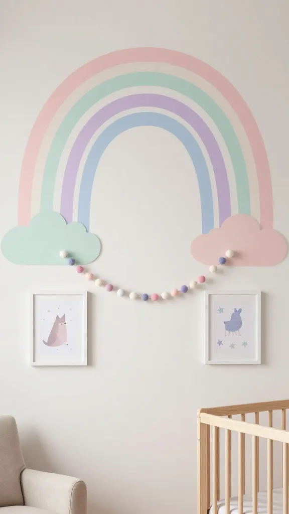 A high-resolution, professional photograph capturing a beautifully designed nursery wall featuring a large, elegant rainbow arch mural painted in muted, soft pastel shades of blush pink, mint green, lavender purple, and sky blue. Below the arch, several subtly cloud-shaped shelves are mounted, showcasing a delicate felt ball garland in matching pastel tones draped artfully. Interspersed are a couple of framed art prints depicting whimsical animals or stylized stars, rendered in soft pastel hues with clean white borders. The wall is bathed in abundant, soft natural light, highlighting the gentle textures and colors, creating a serene, dreamy, and cheerful atmosphere. A corner of a light wood crib or a plush, neutral-toned armchair is subtly visible in the foreground, grounding the scene within a realistic nursery setting.