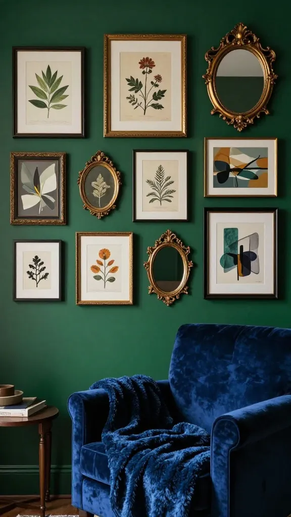 A realistic, high-quality photograph of a luxurious moody maximalist nursery. The prominent wall is painted a deep emerald green, serving as a dramatic backdrop for an opulent, densely curated gallery wall. This gallery wall showcases an eclectic mix of framed art in various sizes and styles, including vintage botanical illustrations, abstract pieces, and ornate gold-framed vintage mirrors, creating a rich visual tapestry. Below the gallery wall, a plush, deep sapphire blue velvet armchair with a richly textured throw blanket is positioned, adding layers of luxurious fabric. Soft, ambient lighting accentuates the deep colors and textures, creating an utterly unique and opulent atmosphere. No text.