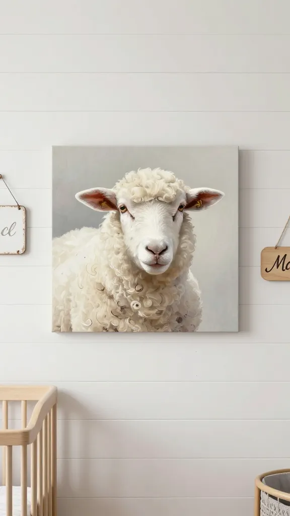 A beautifully composed, high-resolution photograph showcasing the main accent wall of a rustic farmhouse nursery. The wall is constructed from crisp, white horizontal shiplap panels, painted in a soft, warm off-white. Dominating the center of the wall is a large, square framed art print featuring a close-up, endearing portrait of a fluffy white sheep, rendered in a soft, painterly style with natural tones. To the left, slightly above a partially visible light natural wood crib, hangs a small, rectangular distressed vintage-style metal sign with a simple, sweet message. To the right, a personalized wooden name sign, crafted from light wood with elegant script, is subtly mounted. The overall color palette is serene and inviting, consisting primarily of whites, soft grays, and the warm tones of natural wood, creating a cozy and nostalgic atmosphere. Soft, diffused natural light illuminates the scene, highlighting the textures of the shiplap and the art. No text overlays.