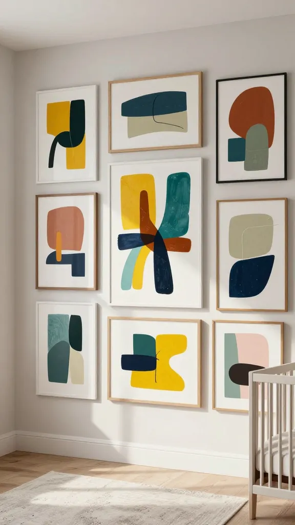 A high-quality, realistic photograph captures a sophisticated and visually stimulating modern nursery, transformed into an abstract art gallery. The prominent wall features a meticulously curated collection of diverse abstract art prints, varying significantly in size and frame styles, including sleek white, natural wood, thin black metal, and a few frames in bold accent colors. The artwork bursts with a dynamic interplay of vibrant, yet harmonious, bold colors (e.g., mustard yellow, deep teal, terracotta, sage green, blush pink, navy) and showcases interesting textures (visible brushstrokes, subtle impasto, layered paint) alongside unique shapes (both sharp geometric forms and fluid, organic lines). A large, striking abstract painting with free-flowing, colorful lines acts as a captivating focal point within the gallery arrangement. The nursery maintains a clean, minimalist aesthetic with soft, neutral walls (off-white or light gray) that allow the art to truly pop. A modern, simple crib in light wood or white is subtly visible in the foreground, and a soft, textured rug grounds the space. Abundant natural light streams in from a large window, enhancing the colors and textures of the artwork. No text.