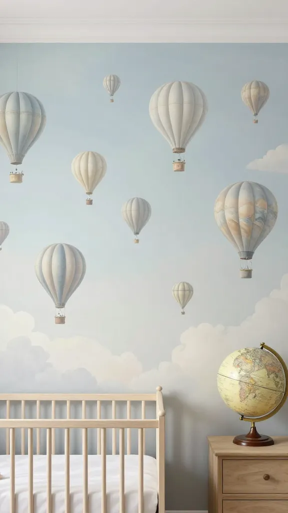 High-quality photograph of a serene, bright nursery, focusing on a prominent wall adorned with an exquisite, hand-painted mural. The mural depicts numerous whimsical hot air balloons in various sizes and soft, muted colors (sky blues, gentle grays, whites, and subtle creams), gracefully floating amidst fluffy white clouds against an ethereal gradient sky. A few delicate, miniature decorative hot air balloons are subtly suspended from the ceiling at varying heights, complementing the mural. Below the mural, a classic wooden crib with white bedding is partially visible, and on a nearby light wooden dresser, an elegant, vintage-style globe adds to the exploratory vibe. The room is bathed in soft, natural light, enhancing the airy and dreamlike atmosphere, with a consistent color palette of sky blues, whites, and gentle grays throughout. Professional interior design photography, realistic.