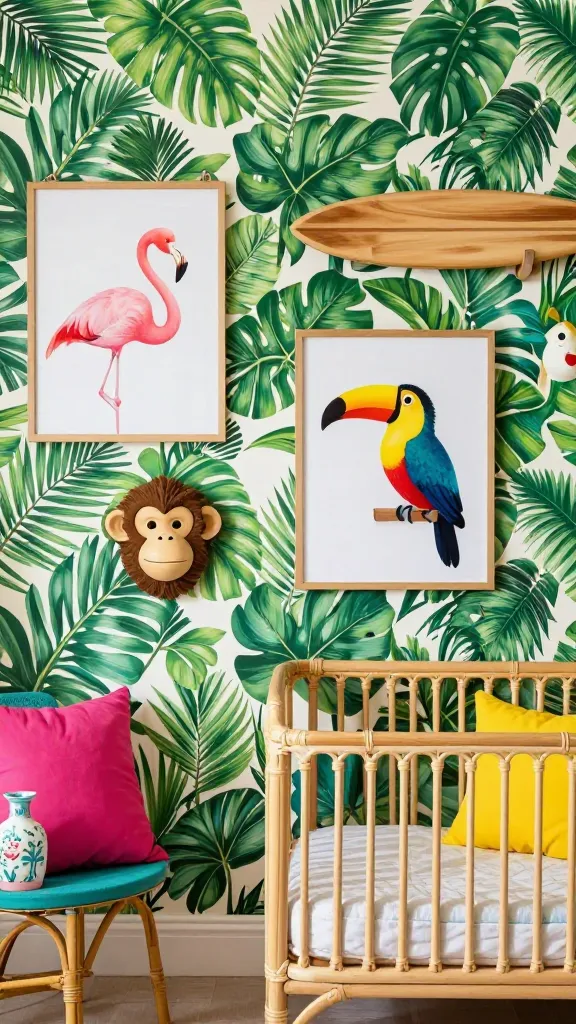 A high-quality, realistic photograph capturing a vibrant and cheerful tropical nursery. The prominent feature wall is adorned with a bold, lush green palm leaf wallpaper. Hung on this wall are two framed art prints: one showcasing a graceful pink flamingo and another a vibrant toucan. Playfully interspersed are two faux animal masks, one depicting a monkey and another a parrot, adding to the exotic charm. A small, decorative wooden surfboard is mounted horizontally above a natural rattan crib. Bright accents of fuchsia, turquoise, and sunny yellow are visible in the bedding, a throw pillow, and a small decorative vase, beautifully complementing the wall decor. The room is bathed in warm, natural light, creating an inviting and lively atmosphere. No text on image.