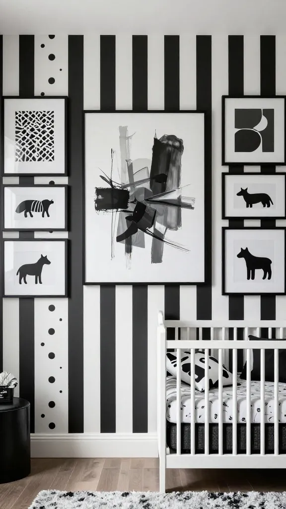 A high-quality, realistic photo of a modern and chic monochromatic nursery wall, showcasing sophisticated black, white, and varying shades of gray decor. The wall features a prominent section of bold black and white striped wallpaper, juxtaposed with an area adorned with subtle black polka dot decals. A curated gallery wall displays several framed prints with high-contrast, abstract black and white graphic designs, including geometric patterns and minimalist animal silhouettes. Above a sleek white crib, a large, central abstract art piece with dynamic brushstrokes and shapes in a sophisticated grayscale palette serves as a stunning focal point. The crib is dressed with black and white patterned bedding, and a soft gray textured rug is partially visible on the floor, all contributing to a stylish, high-contrast environment. Natural light streams in, highlighting the textures and patterns.
