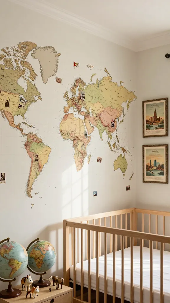 A high-quality, realistic photograph of a cozy and inspiring 'Little Explorer's' nursery. The dominant feature is a massive, detailed world map mural covering the main wall, rendered in a vintage, slightly muted color palette with clear country and continent outlines. Small, colorful miniature flags and tiny sepia-toned family travel photos are delicately pinned across the map, suggesting past adventures. On an adjacent wall, two to three framed prints of classic vintage travel posters featuring iconic landmarks hang, set in distressed wooden frames. A natural wood crib with simple white bedding is visible in the foreground, partially obscuring a side table holding a collection of various-sized globes and a few charming animal figurines from different continents. Soft, warm natural light streams into the room, creating an inviting and adventurous atmosphere. The perspective is a slightly wide, eye-level shot, emphasizing the wall decor.