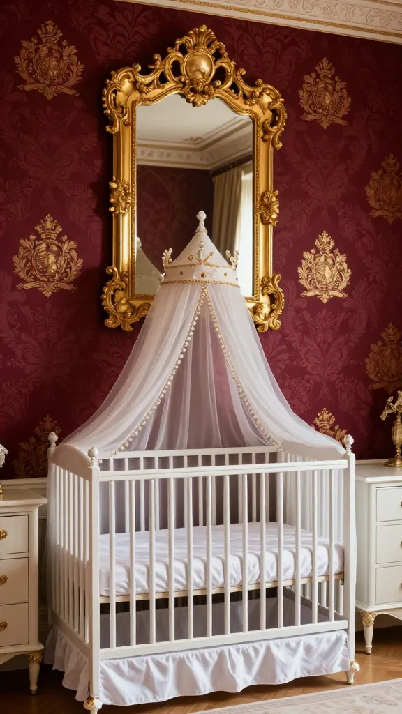 A high-quality, ultra-realistic photograph capturing a luxurious and elegant regal royal nursery. The prominent wall decor features exquisite rich burgundy damask wallpaper with a subtle, embossed golden royal crest motif. Centered on this wall, above a classic white wooden crib, hangs a magnificent, large rectangular gilt-framed mirror with intricate, ornate carvings, reflecting the soft, warm ambient light. The crib is adorned with crisp white silk sheets and a plush velvet bumper in a creamy ivory hue. Gold metallic accents are integrated into the crib's decorative elements and a delicate, sheer silk crown canopy draped above it. Nearby, classic timeless white wooden furniture, including a dresser with elegant gold handles, complements the opulent design. The room is softly illuminated, creating a warm, inviting, and truly special atmosphere, showcasing the rich textures and refined details. Professional interior photography, no text.