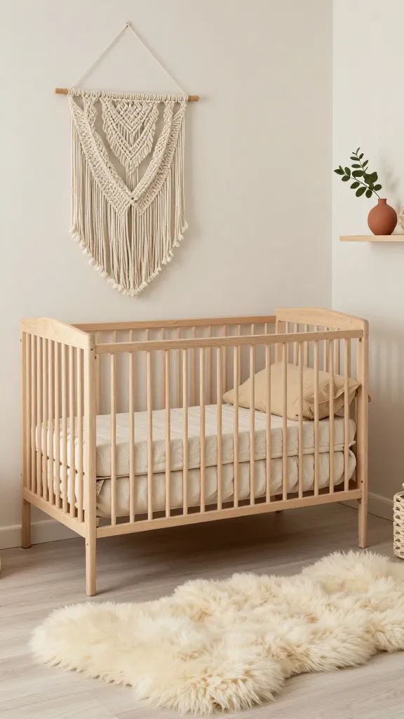 A high-quality, realistic photograph capturing a serene and inviting boho nursery, imbued with timeless comfort. Soft, diffused natural light illuminates the space. The walls are painted in a creamy off-white, providing a warm, neutral backdrop. A sturdy natural wood crib, featuring a subtle distressed finish, stands as the room's focal point, dressed in soft beige and tan organic cotton bedding. On the floor, a luxurious, plush ivory sheepskin rug adds immense softness and warmth. Subtle accents of muted sage green are introduced through a decorative macrame wall hanging or a small potted plant, while a hint of terracotta appears in a delicate ceramic vase on a floating shelf. The overall design emphasizes creamy whites, soft beiges, and natural wood, creating an earthy neutral sanctuary perfect for a baby. No text.